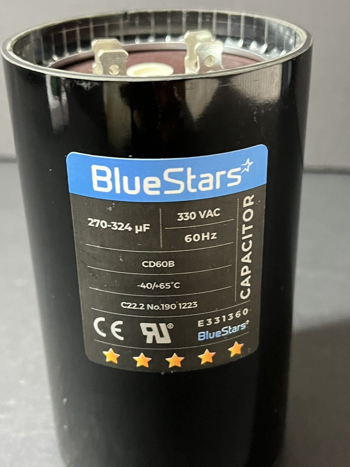 Blue Star capacitor 270-324 uf 330 vac 60 hz CDB60B C22.2 No.190 1123