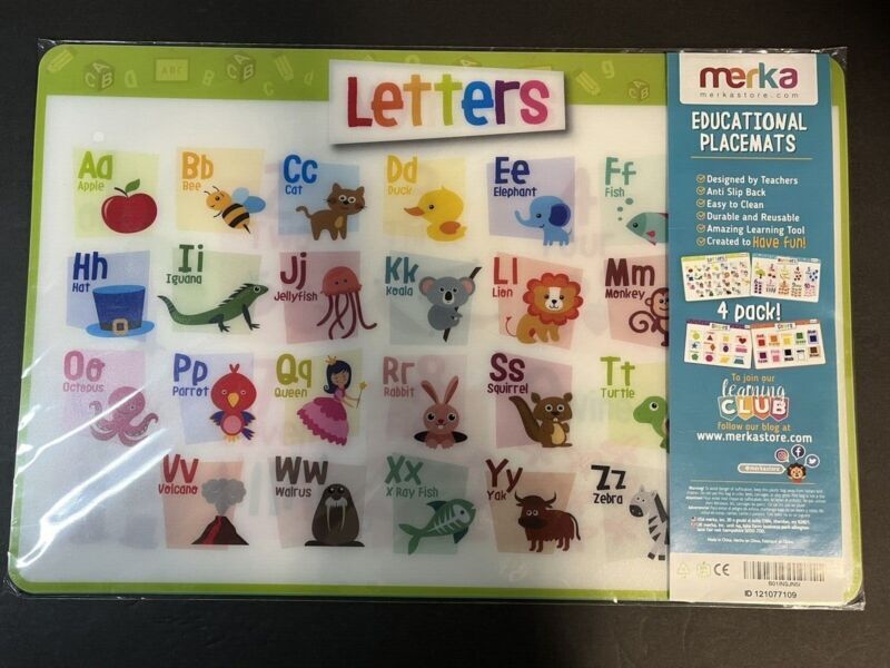 Merka Pack Of 4 Educational Placemats Animals/Letters Preschool Learning