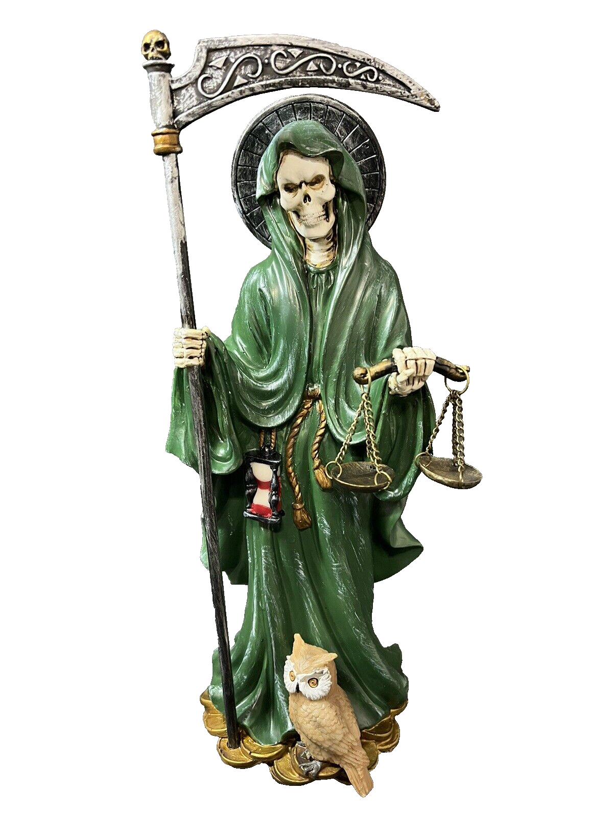 Santa Muerte 10'' Standing Green  Scythe Scales of Justice And Wise Owl 15244