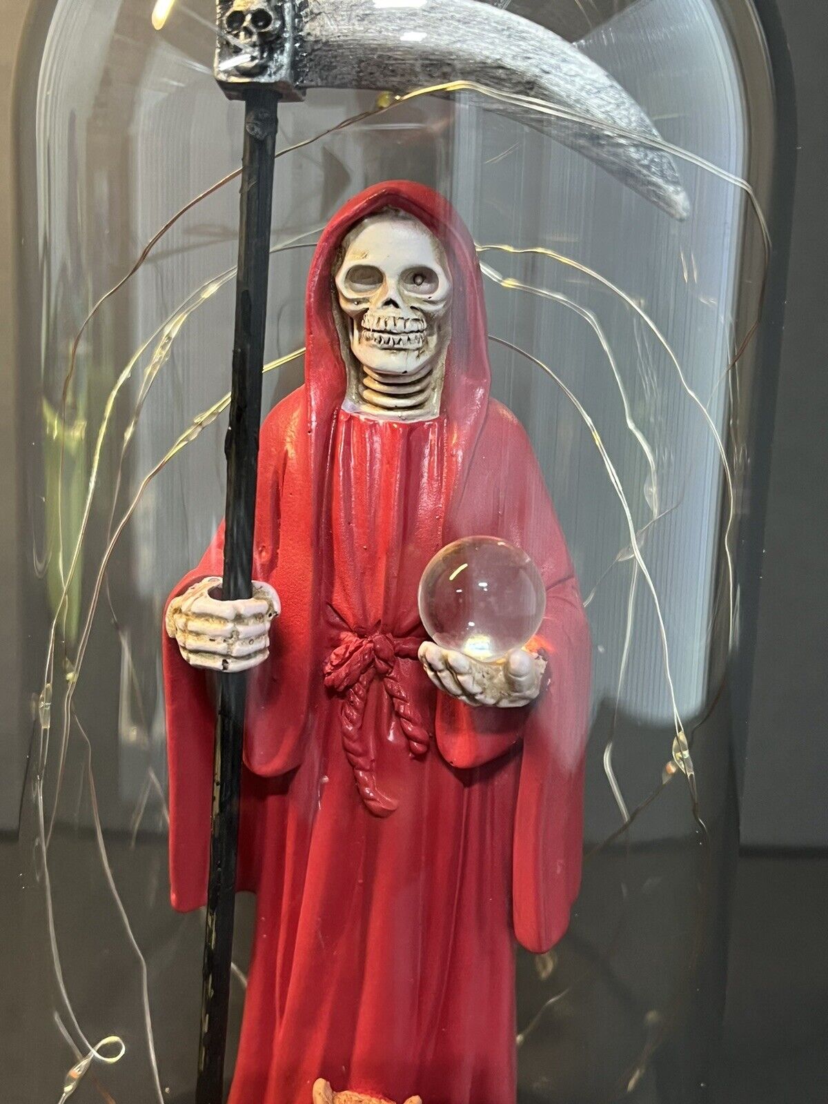 Santa Muerte Statue Red Globe Multicolored LED Lights 9" In Gift Box-0941-RD..