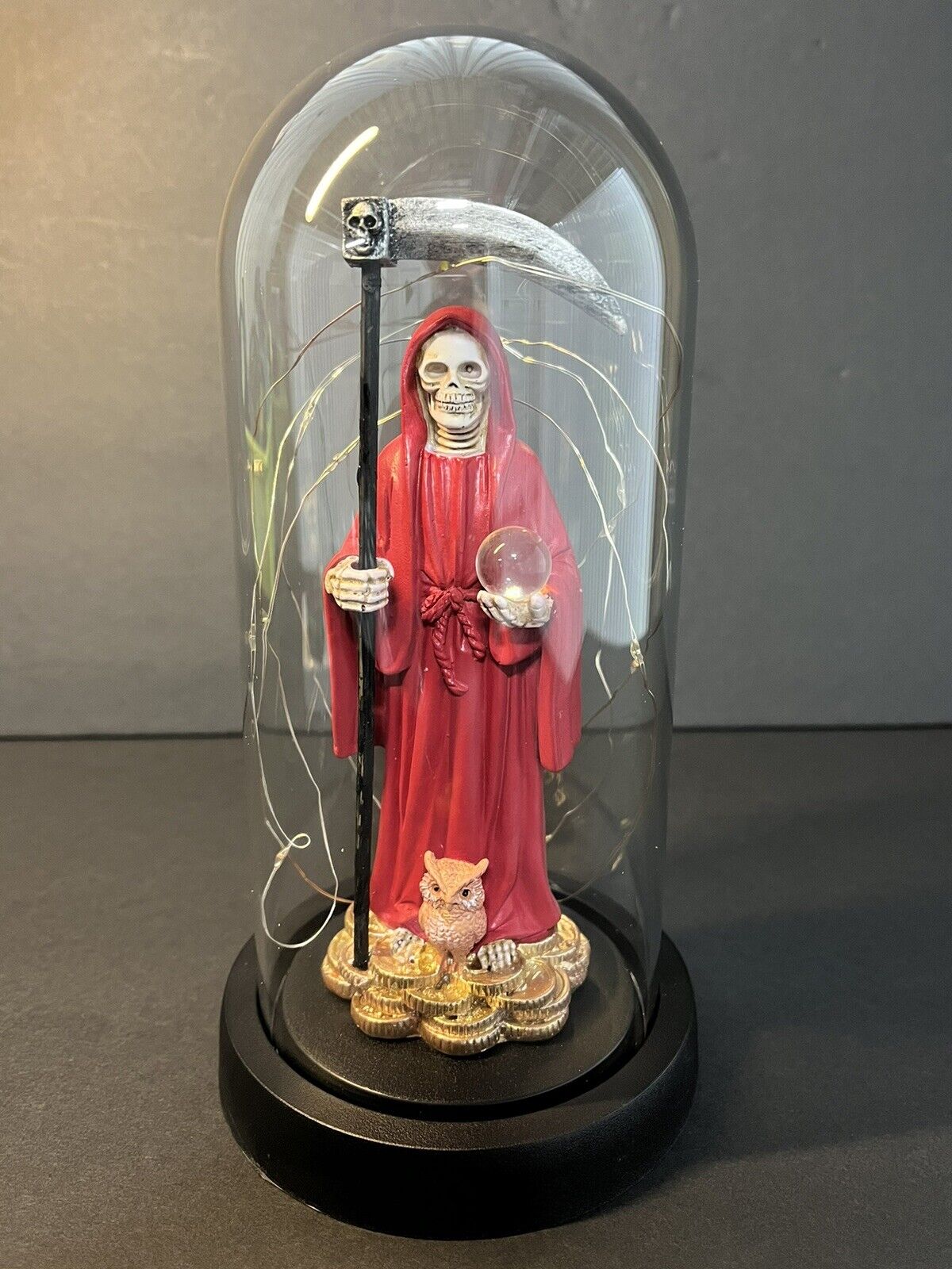 Santa Muerte Statue Red Globe Multicolored LED Lights 9" In Gift Box-0941-RD..