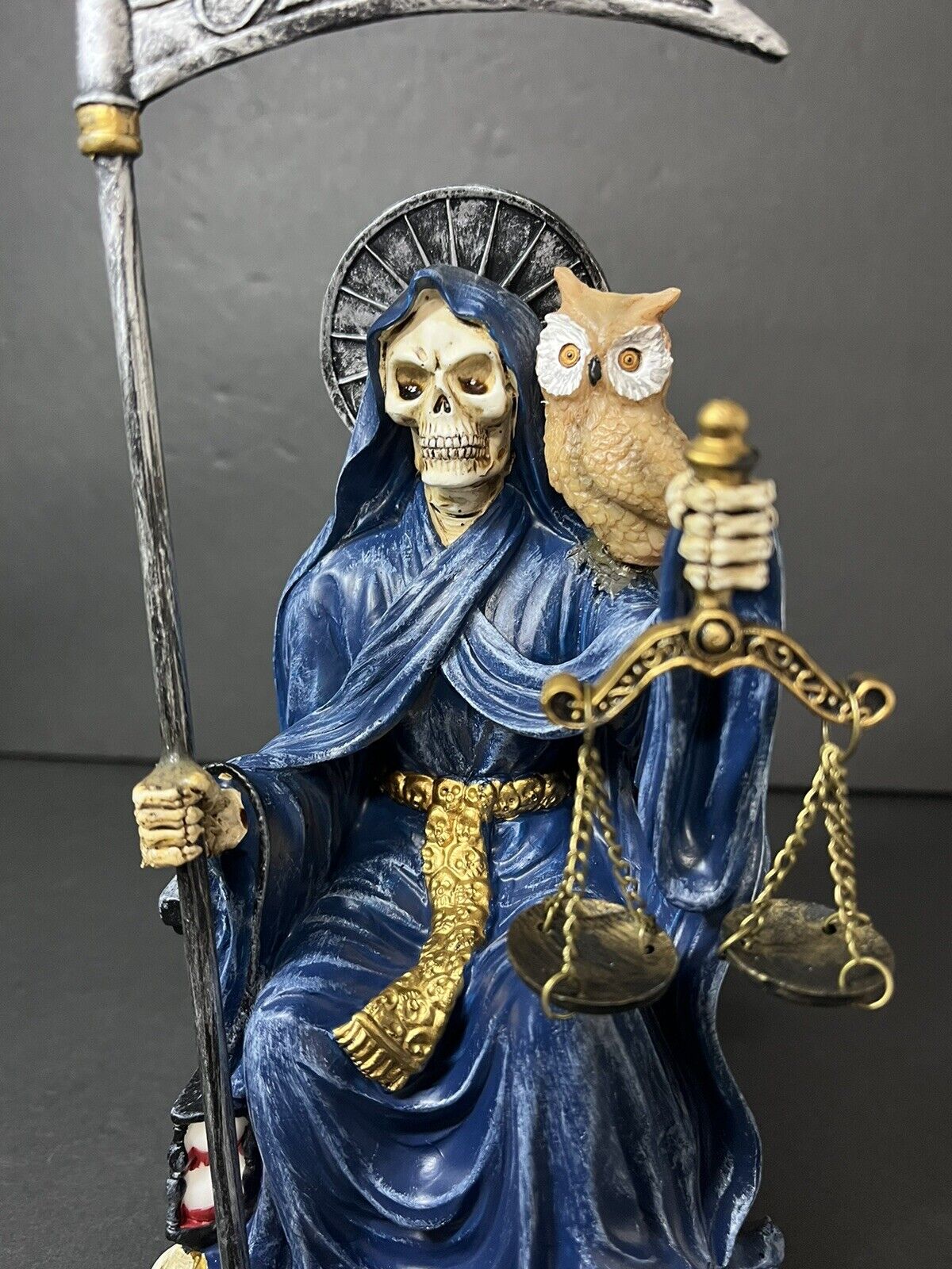 Santa Muerte 9'' Sitting Blue Gown with Owl Figurine 9 Inch 15247