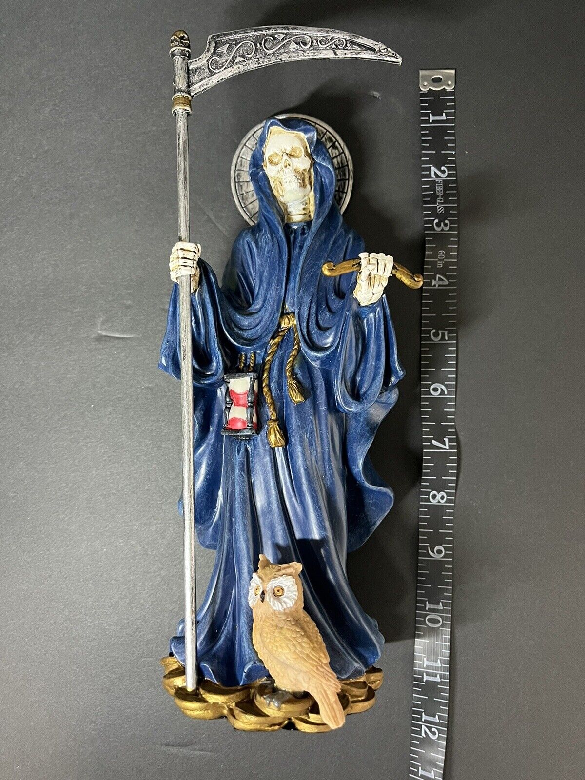 Santa Muerte 10'' Standing Blue  Scythe Scales of Justice And Wise Owl 15245..