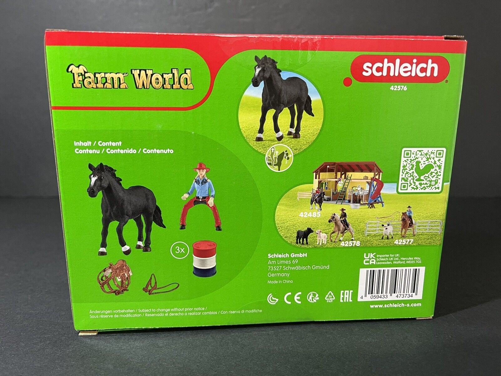 Schleich 42576 Farm World 3 Barrel, Cowgirl Rodeo Racing Playset..