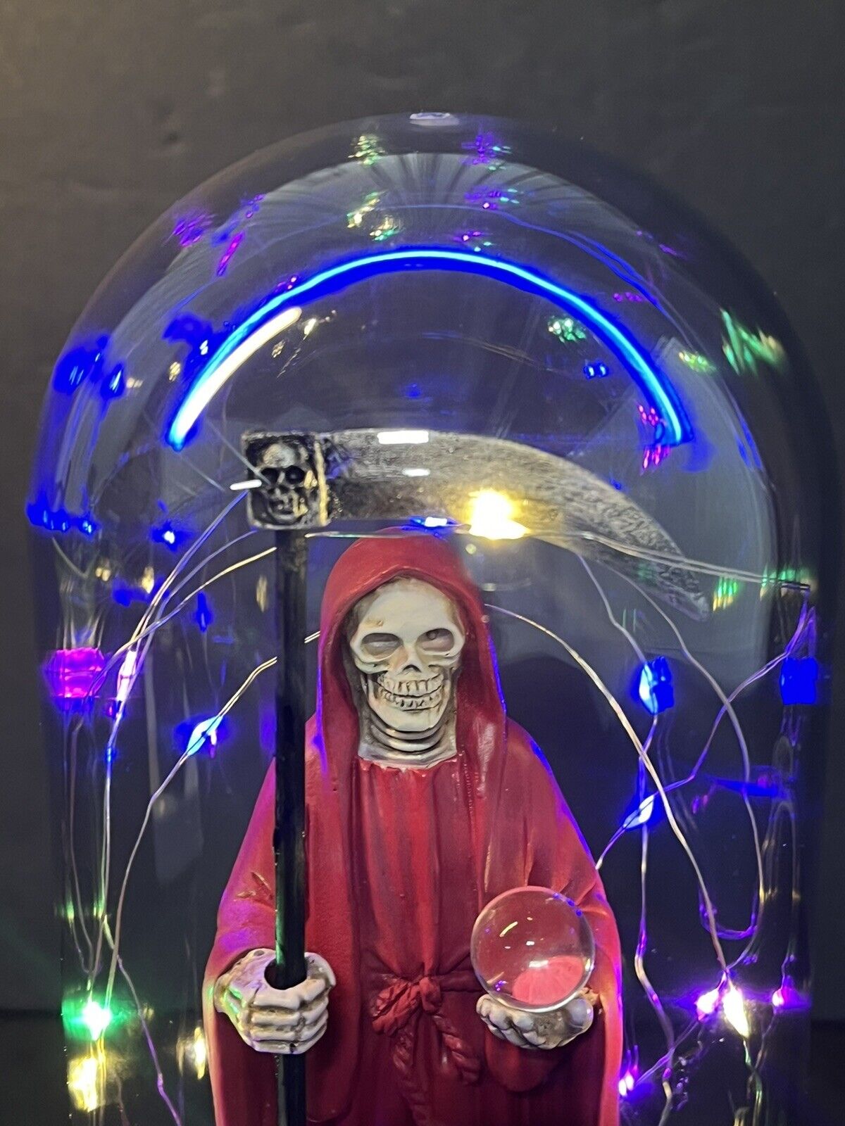 Santa Muerte Statue Red Globe Multicolored LED Lights 9" In Gift Box-0941-RD..