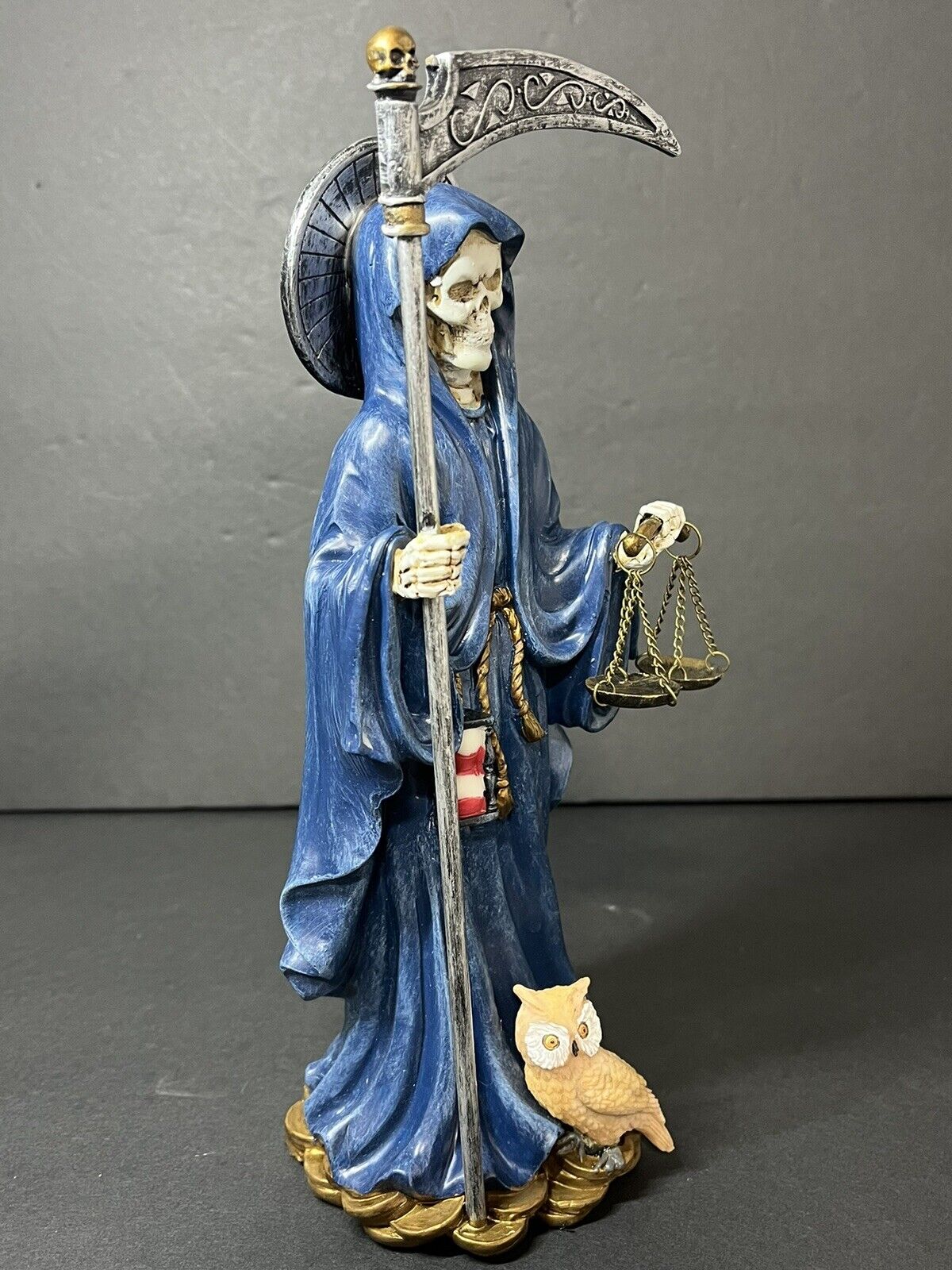 Santa Muerte 10'' Standing Blue  Scythe Scales of Justice And Wise Owl 15245..