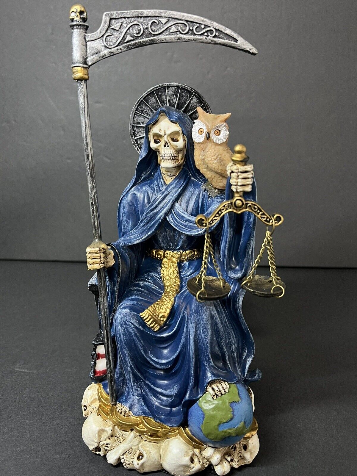 Santa Muerte 9'' Sitting Blue Gown with Owl Figurine 9 Inch 15247