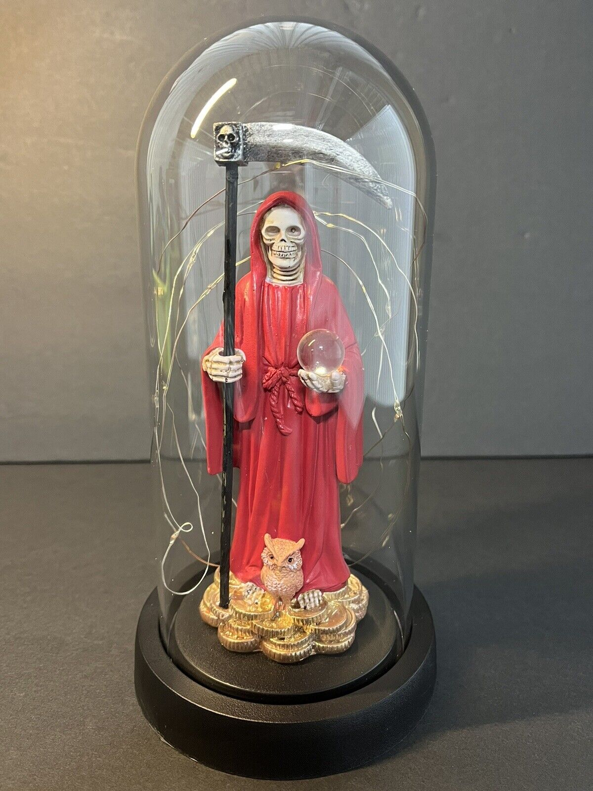 Santa Muerte Statue Red Globe Multicolored LED Lights 9" In Gift Box-0941-RD..