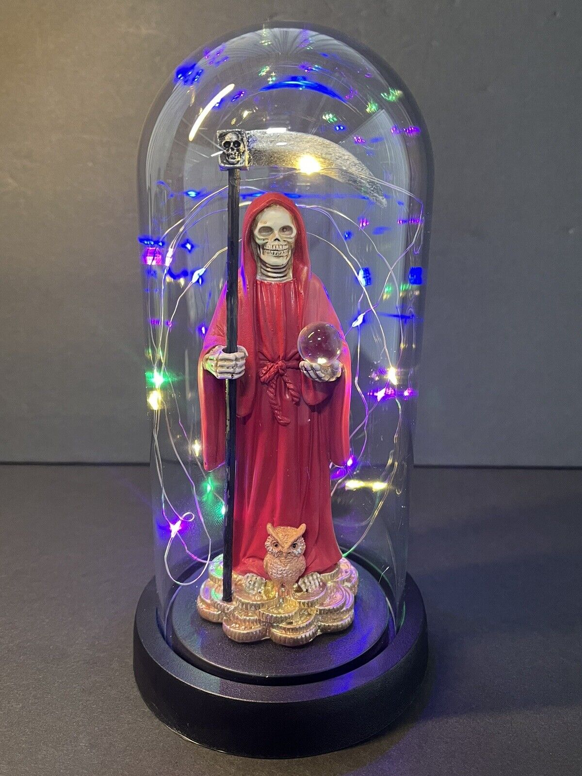 Santa Muerte Statue Red Globe Multicolored LED Lights 9" In Gift Box-0941-RD..