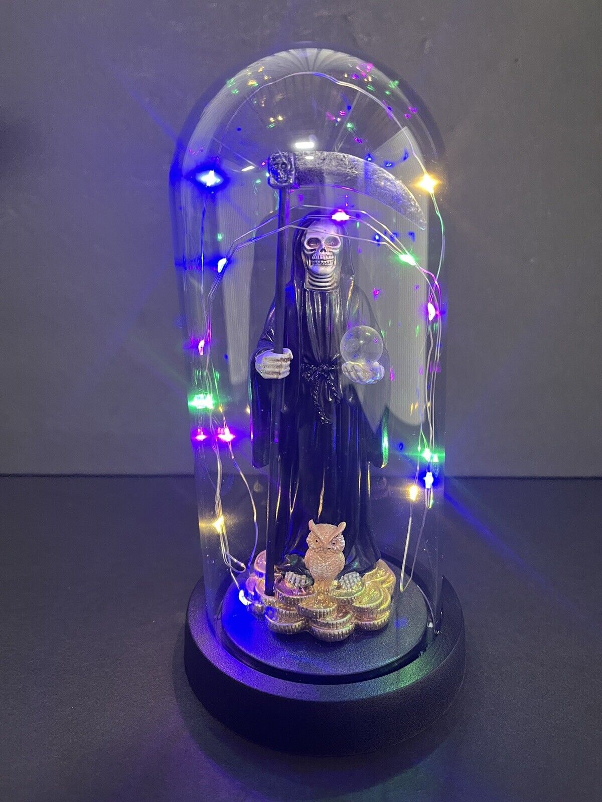 Santa Muerte Statue Black Globe  Multicolored LED Lights 9" In Gift Box-0941-BK