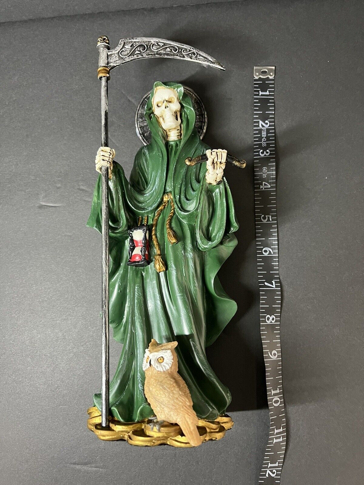 Santa Muerte 10'' Standing Green  Scythe Scales of Justice And Wise Owl 15244