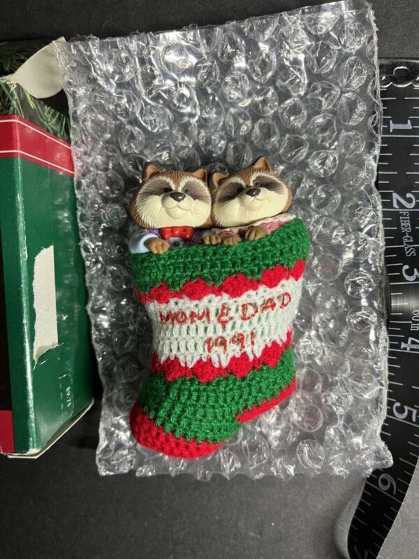 Vintage Hallmark Keepsake Ornament 1991 Mom and Dad Raccoon Couple in Stocking