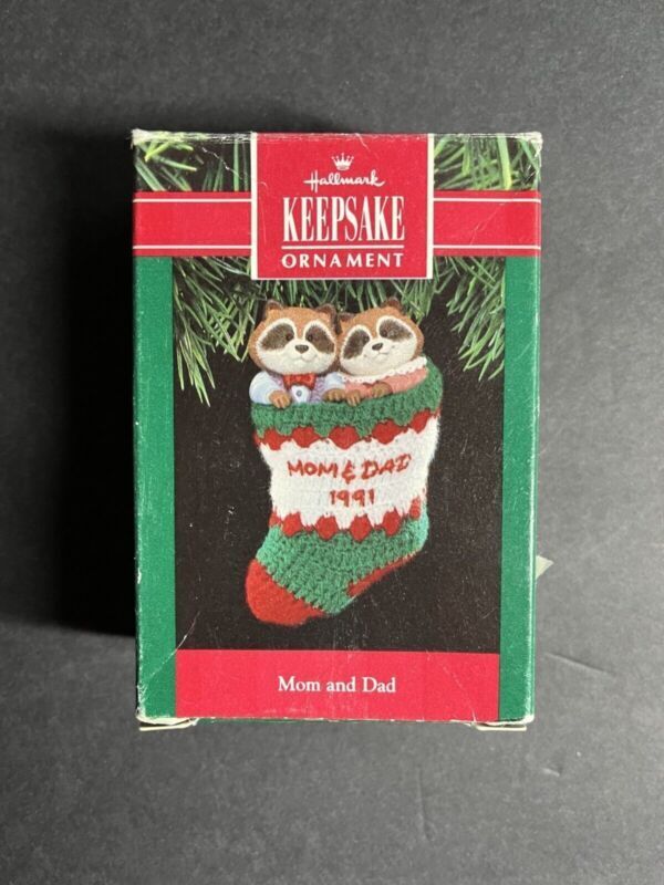 Vintage Hallmark Keepsake Ornament 1991 Mom and Dad Raccoon Couple in Stocking