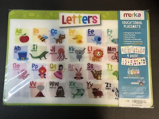 Merka Pack Of 4 Educational Placemats Animals/Letters Preschool Learning