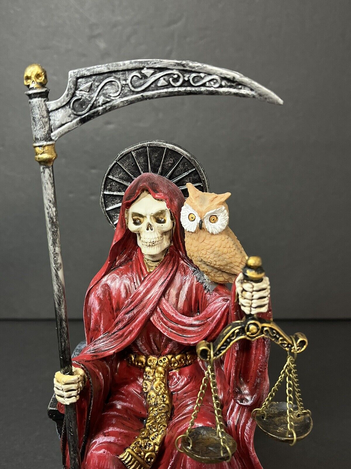 Santa Muerte 9'' Sitting  Red Gown with Owl Figurine 9 Inch 15250