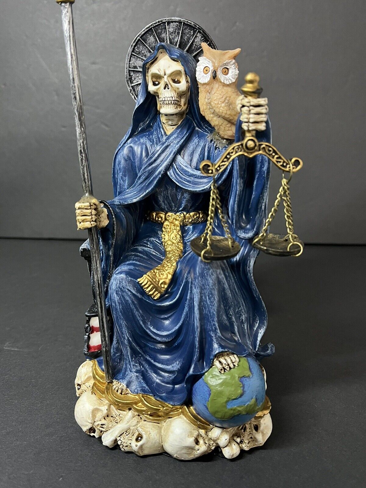 Santa Muerte 9'' Sitting Blue Gown with Owl Figurine 9 Inch 15247