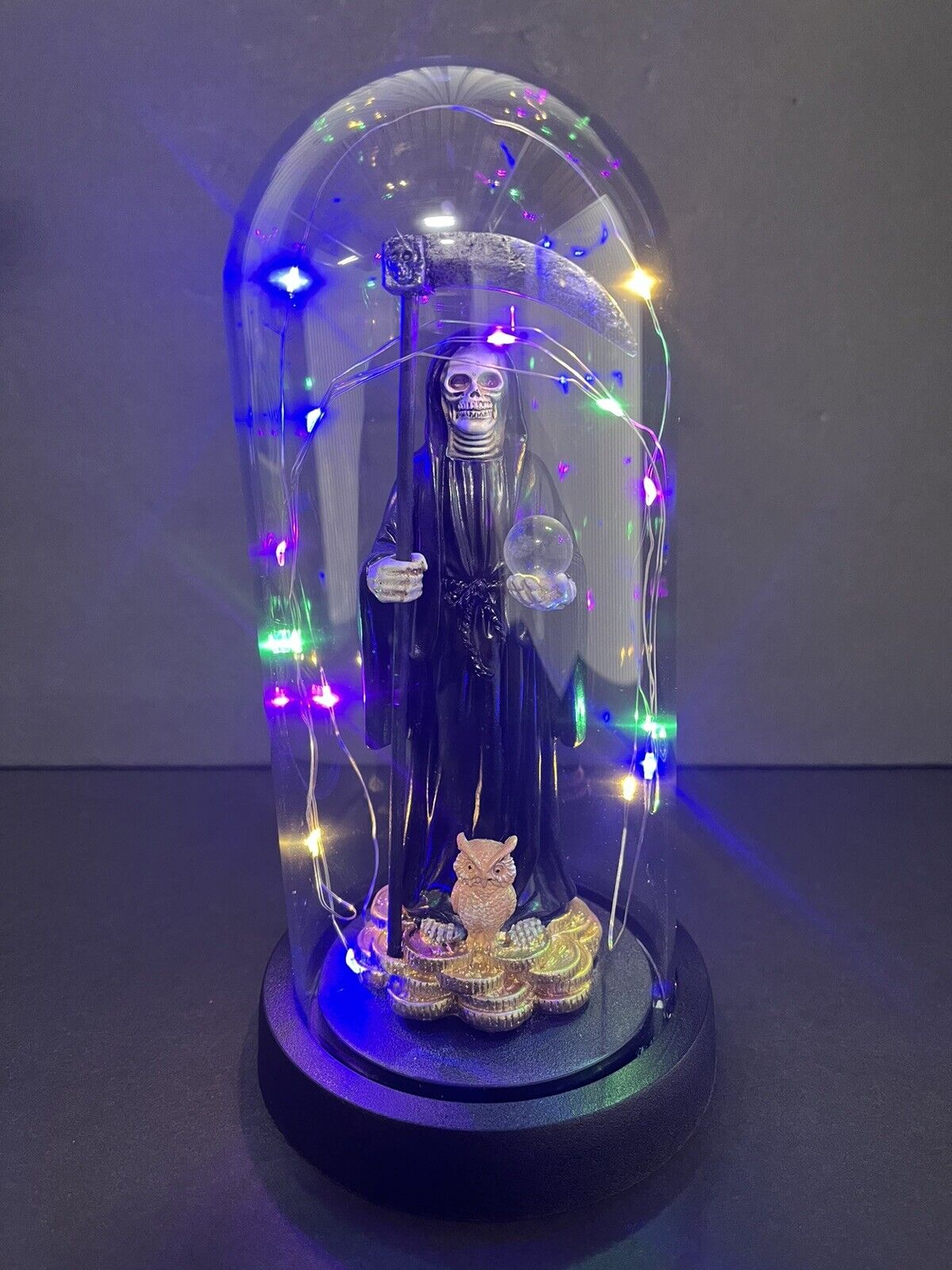 Santa Muerte Statue Black Globe  Multicolored LED Lights 9" In Gift Box-0941-BK