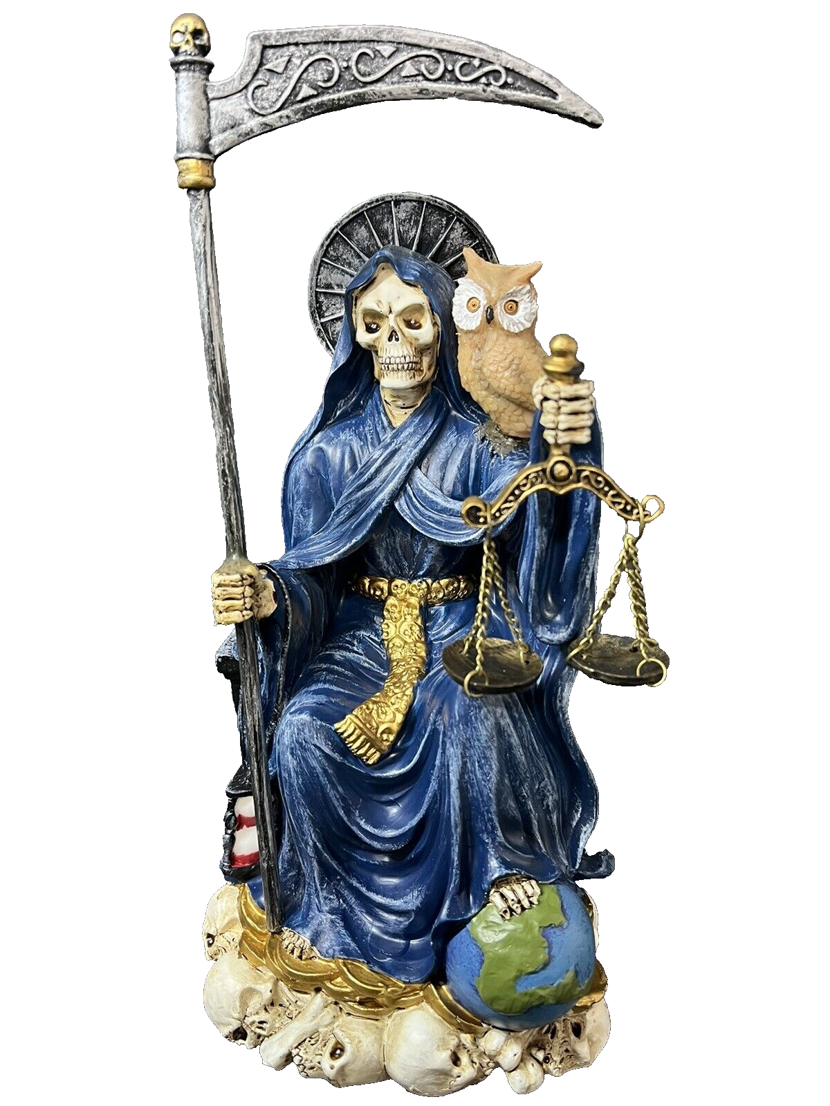 Santa Muerte 9'' Sitting Blue Gown with Owl Figurine 9 Inch 15247