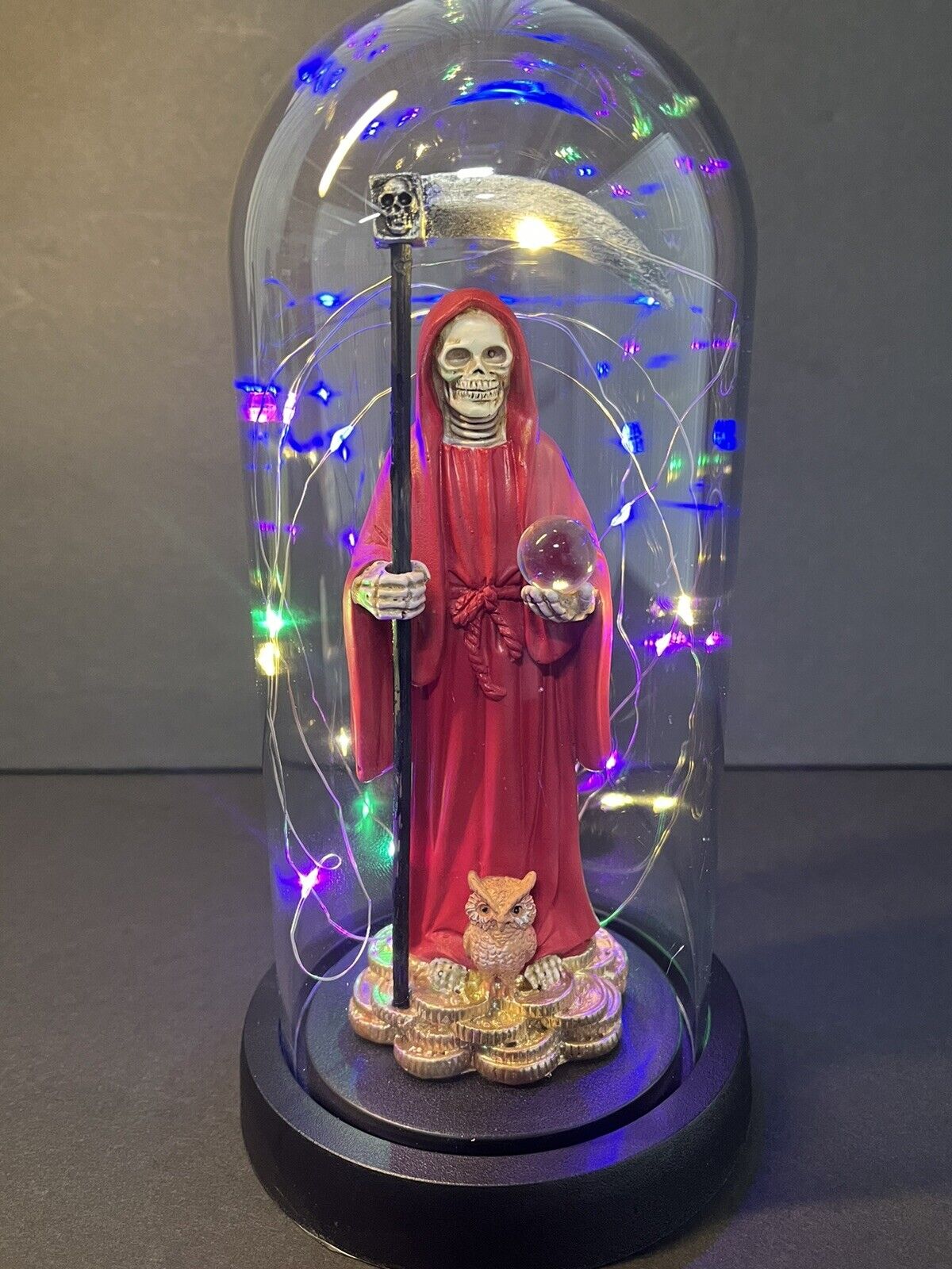 Santa Muerte Statue Red Globe Multicolored LED Lights 9" In Gift Box-0941-RD..