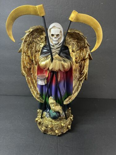 SANTA MUERTE 13" GRIM REAPER OWL ROBE SCYTHE SKULL GLOBE FANTASY FIGURINE 1