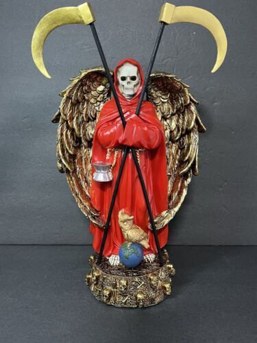 SANTA MUERTE 13" GRIM REAPER OWL ROBE SCYTHE SKULL GLOBE FANTASY FIGURINE -