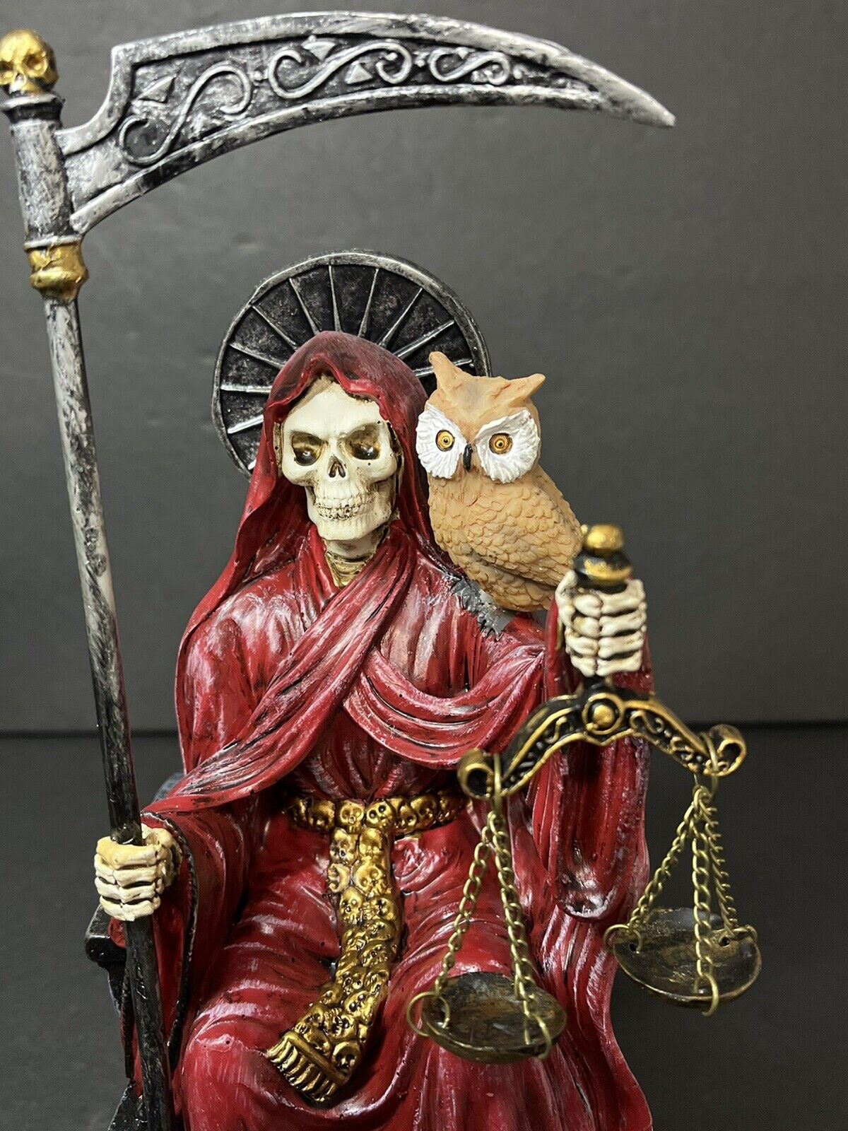 Santa Muerte 9'' Sitting  Red Gown with Owl Figurine 9 Inch 15250