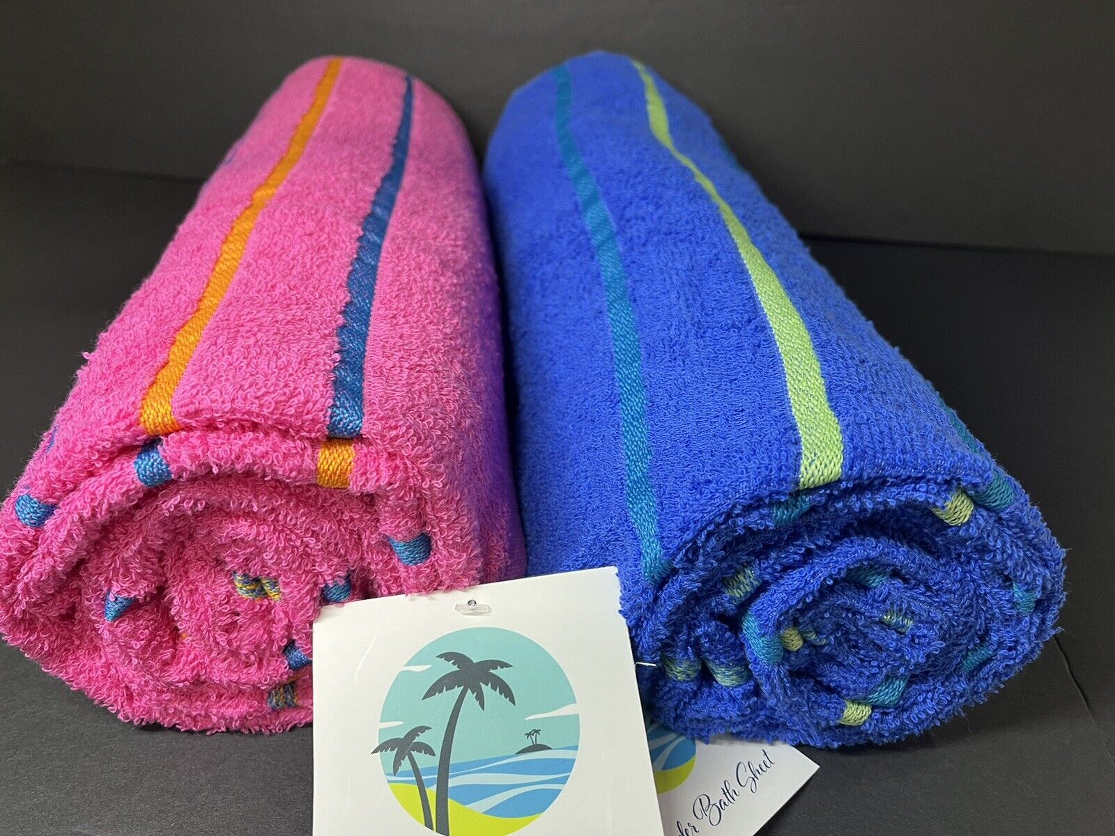 2 Pcs Islander Beach Towels Velour  28x60 inches Dark Blue, Pink..